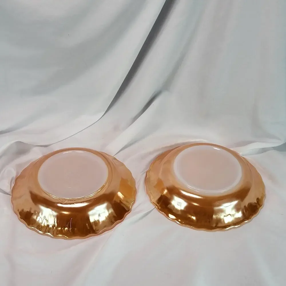 Set of 2 Anchor Hocking Fire King Peach Lustre Shell‎ Swirl Pasta Bowls 8 1/2